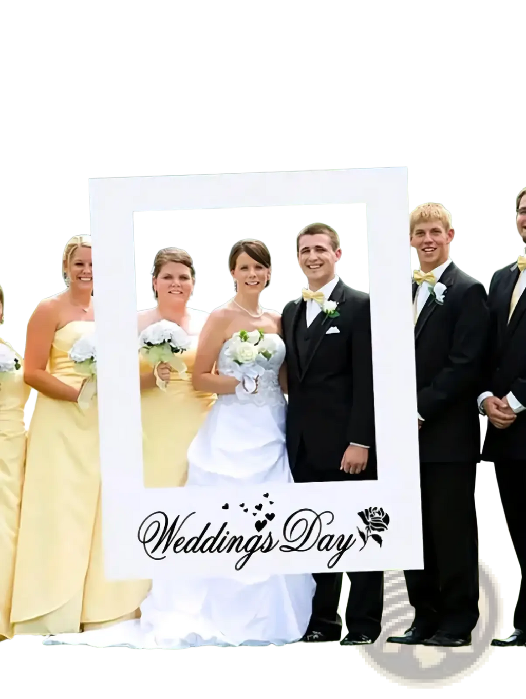 White rectangular wedding photo frame prop with black cursive weddings day script and small rose emblem design