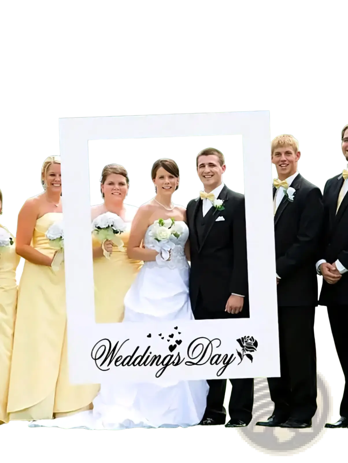 White rectangular wedding photo frame prop with black cursive weddings day script and small rose emblem design