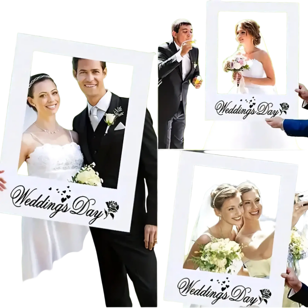 White rectangular wedding photo frame prop with black cursive weddings day text and small rose design