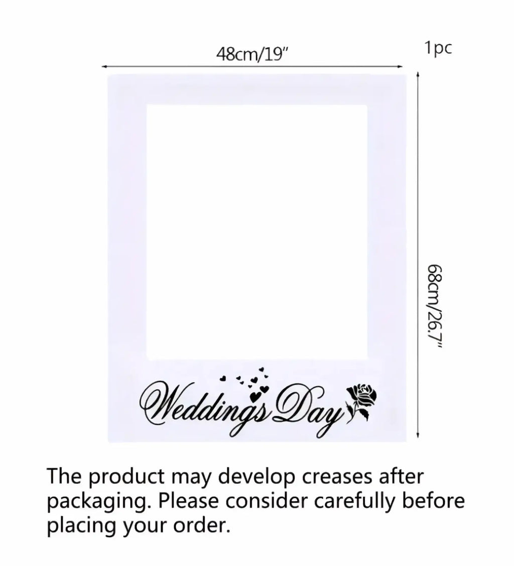 White rectangular wedding photo frame prop with black cursive weddings day text and small rose design at the bottom