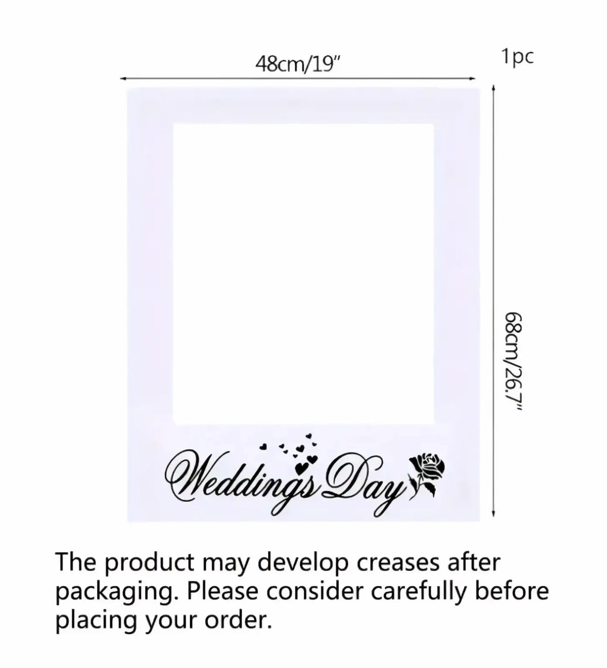 White rectangular wedding photo frame prop with black cursive weddings day text and small rose design at the bottom