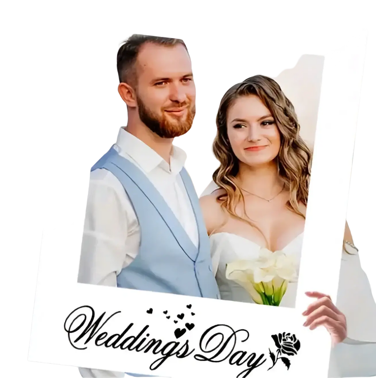 White polaroid-style wedding photo frame with rose design and weddings day text ideal for wedding photo props