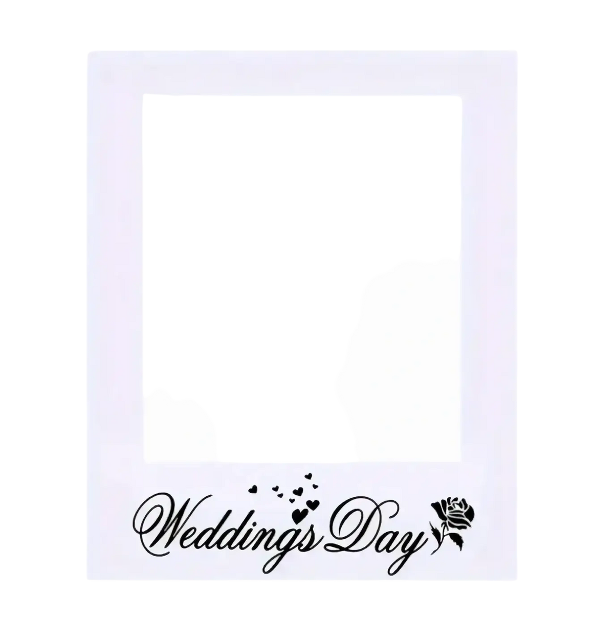 White polaroid-style wedding photo frame prop with black cursive weddings day text and rose design at the bottom