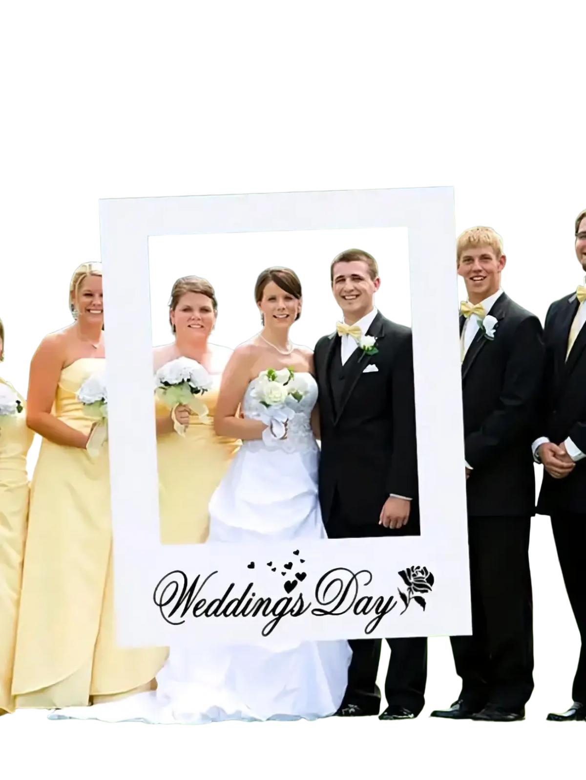 White rectangular wedding photo frame prop with black cursive weddings day script and small rose emblem design
