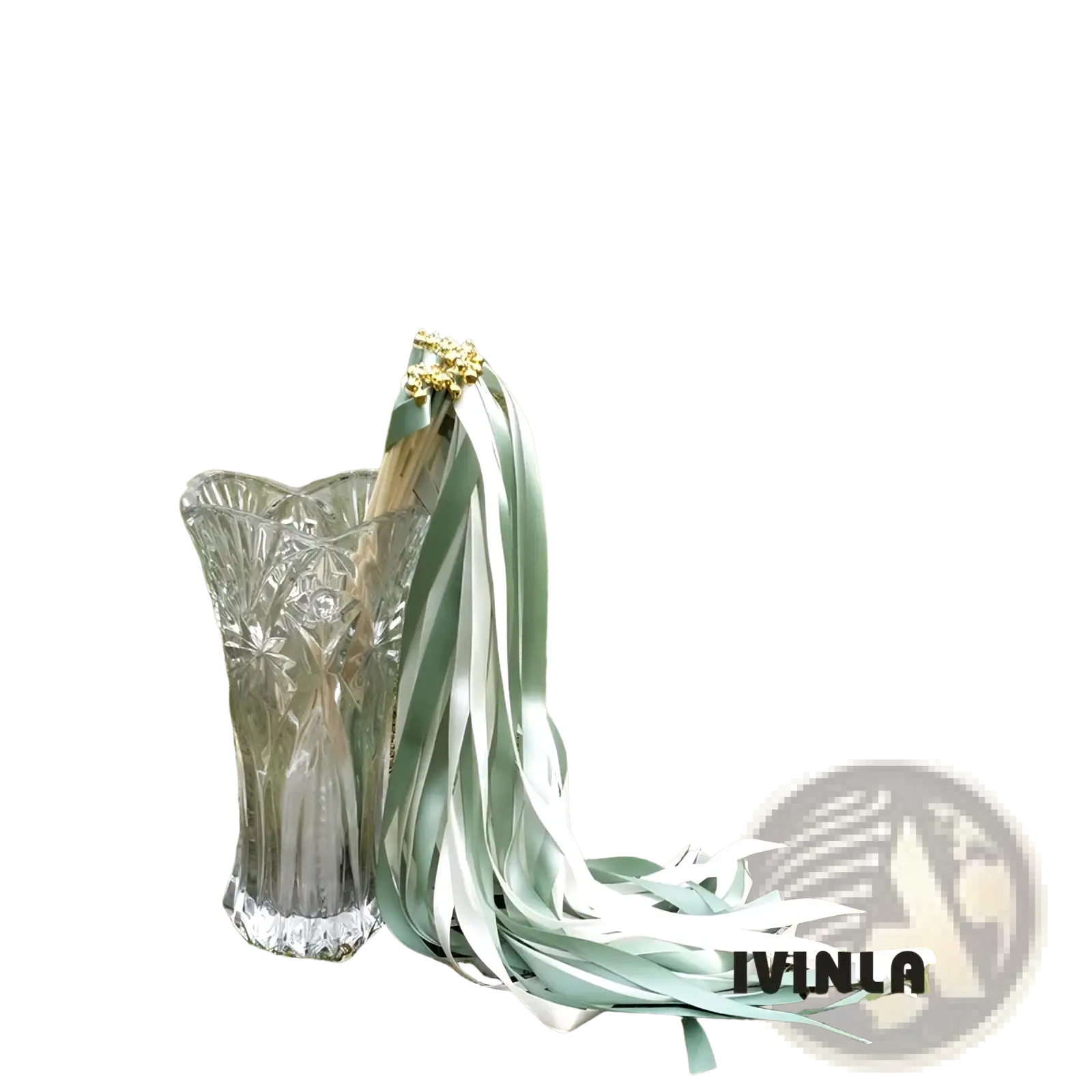 A clear intricately cut crystal vase with fluted design and scalloped rim displayed with wedding ribbon wands green and white pack