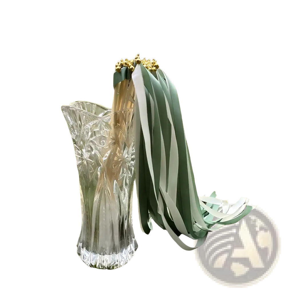 A clear intricately cut glass vase holding decorative wedding ribbon wands with sage green and white stripes 50 pack