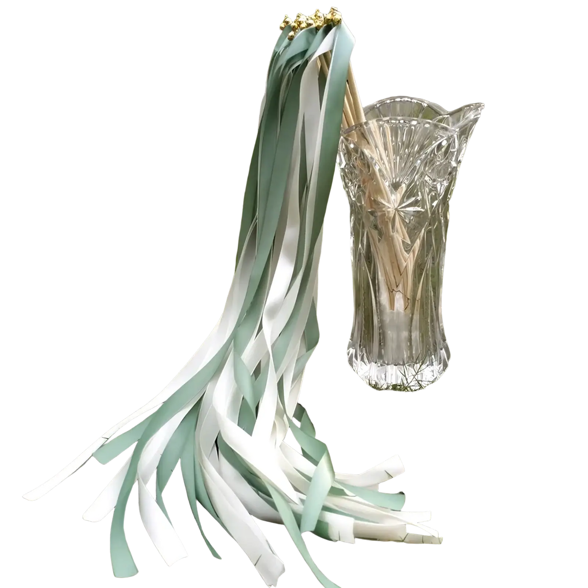 A delicate mint and white ribbon wedding wand with gold-tipped top arranged beside a clear crystal vase in a 50 pack