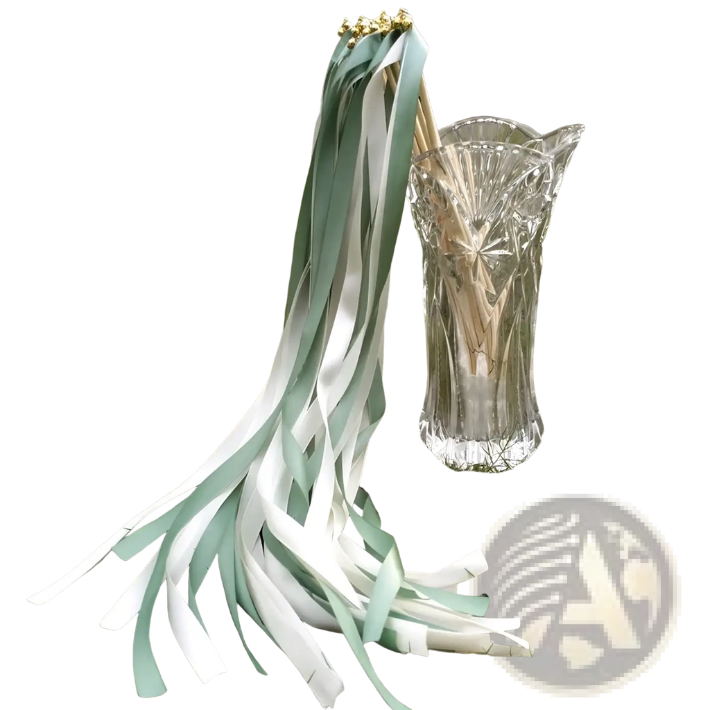 A delicate mint and white ribbon wedding wand with gold-tipped top arranged beside a clear crystal vase in a 50 pack