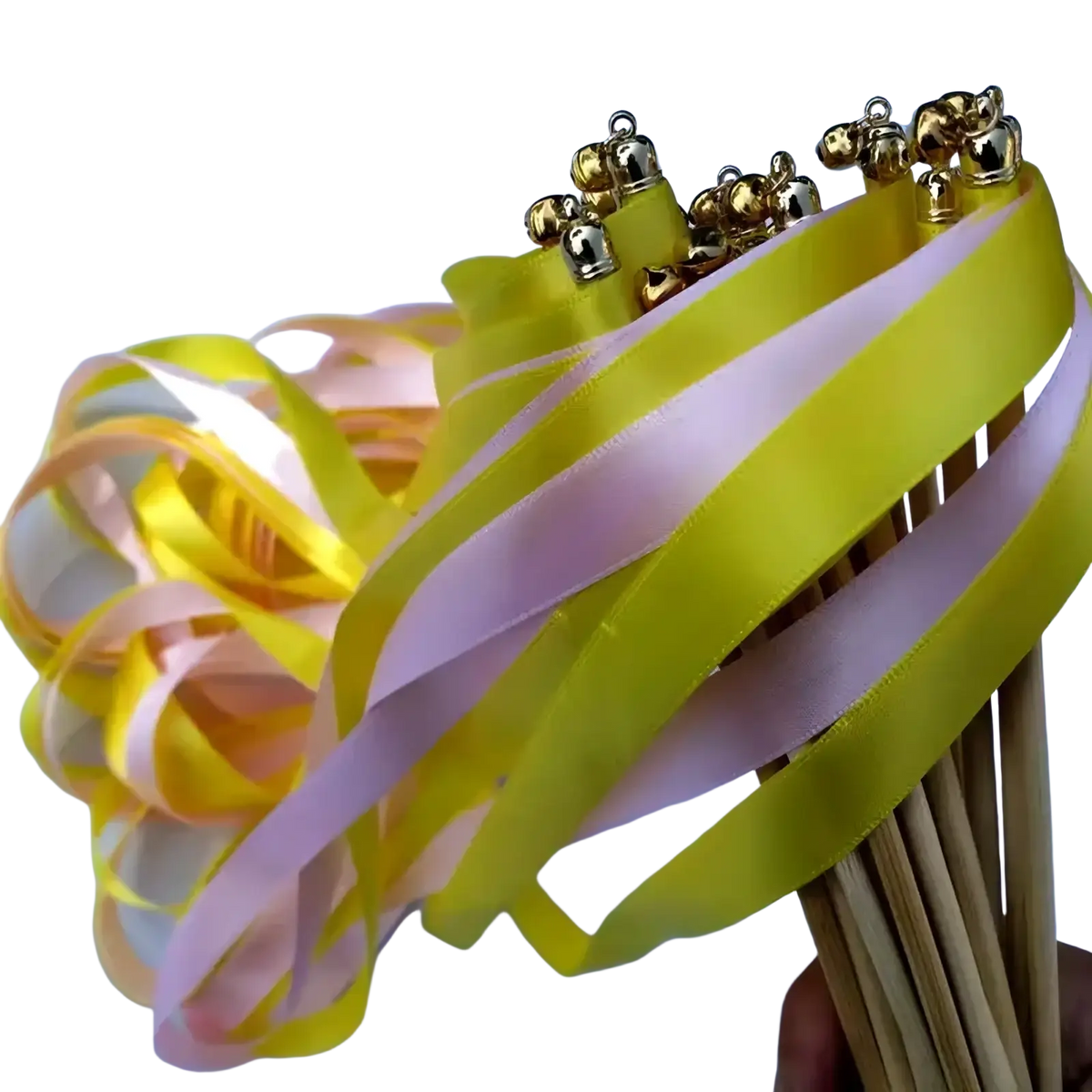 Ivinla yellow and pink satin ribbon wand with golden bells at the top for wedding ribbon wands 50 pack green and white