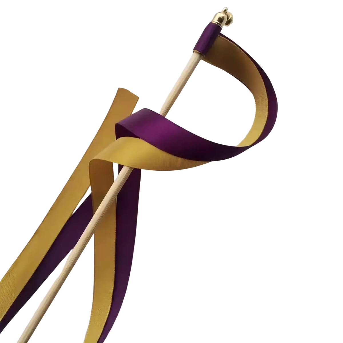Wedding ribbon wands with purple and gold satin ribbons wrapped around wooden sticks topped with golden balls