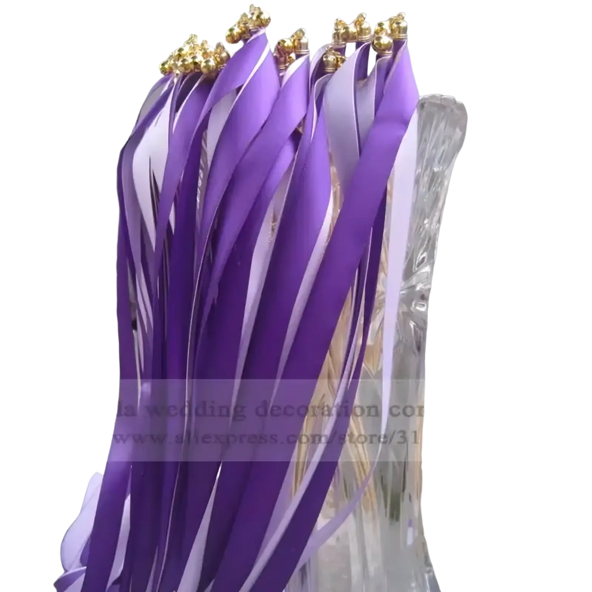 Wedding ribbon wands 50 pack featuring purple and lavender satin ribbons with gold bead tops in a decorative bouquet