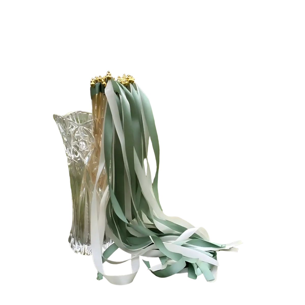 A set of mint green and white satin wedding ribbon wands with gold-tipped ends arranged in a decorative bouquet