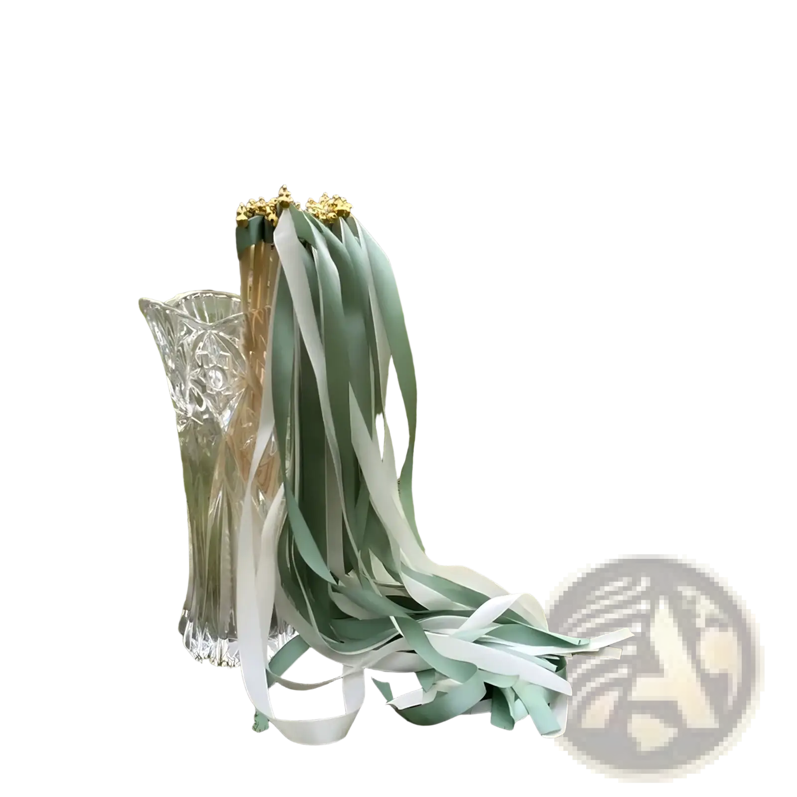 A set of mint green and white satin wedding ribbon wands with gold-tipped ends arranged in a decorative bouquet