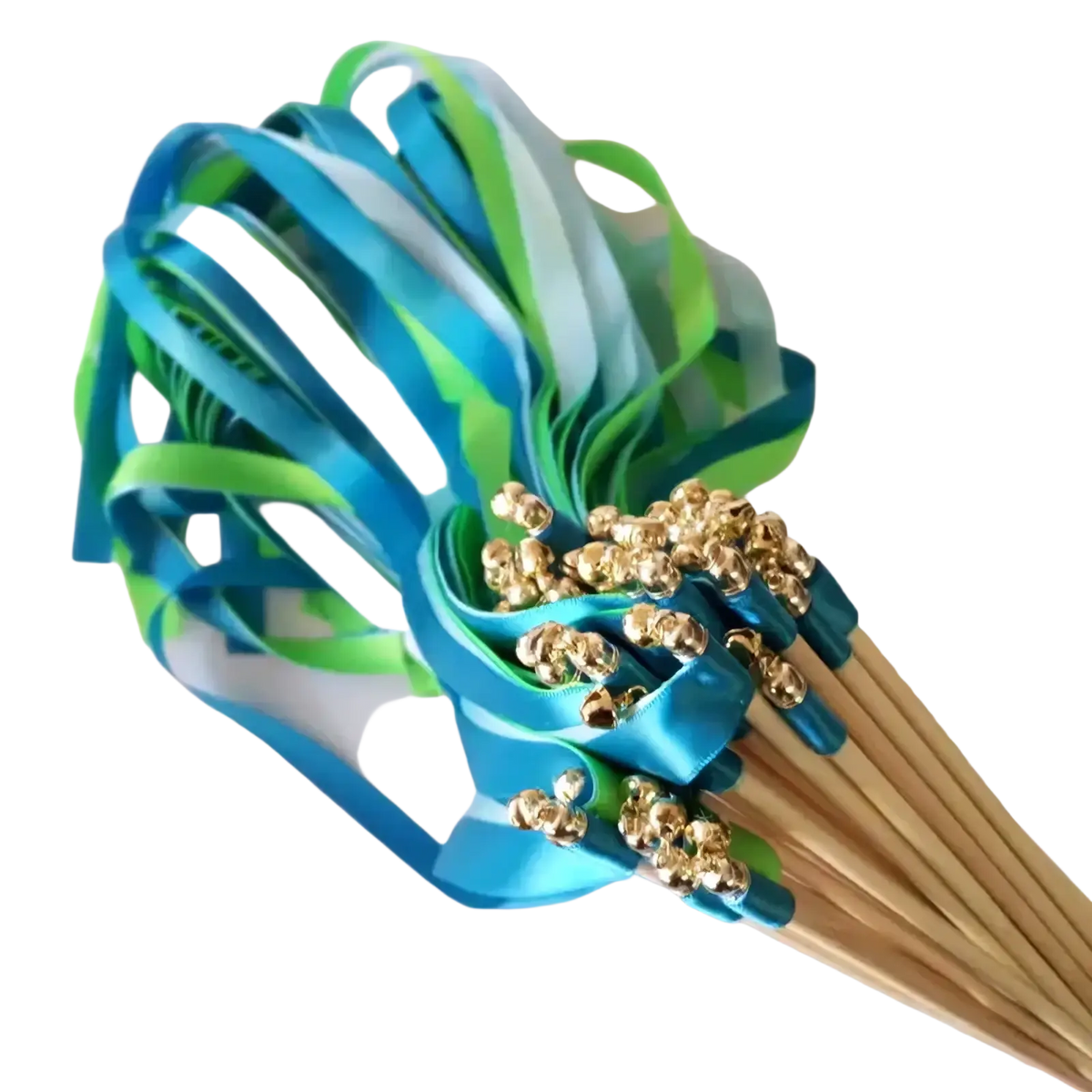 A vibrant bouquet of blue and green satin ribbon wedding wands with gold bells by Romeda in a 50 pack