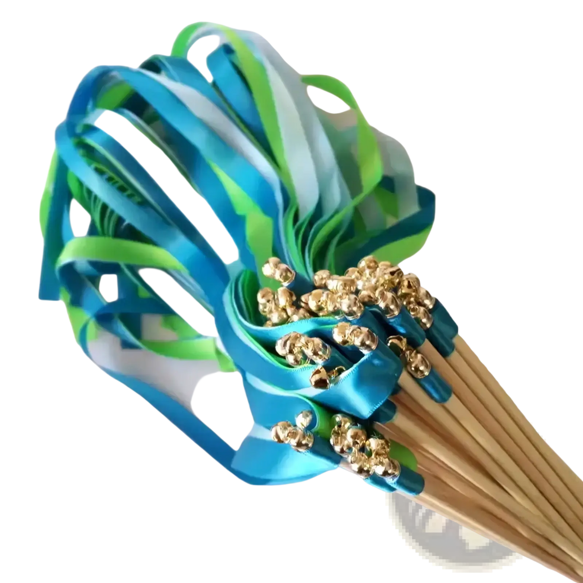A vibrant bouquet of blue and green satin ribbon wedding wands with gold bells by Romeda in a 50 pack