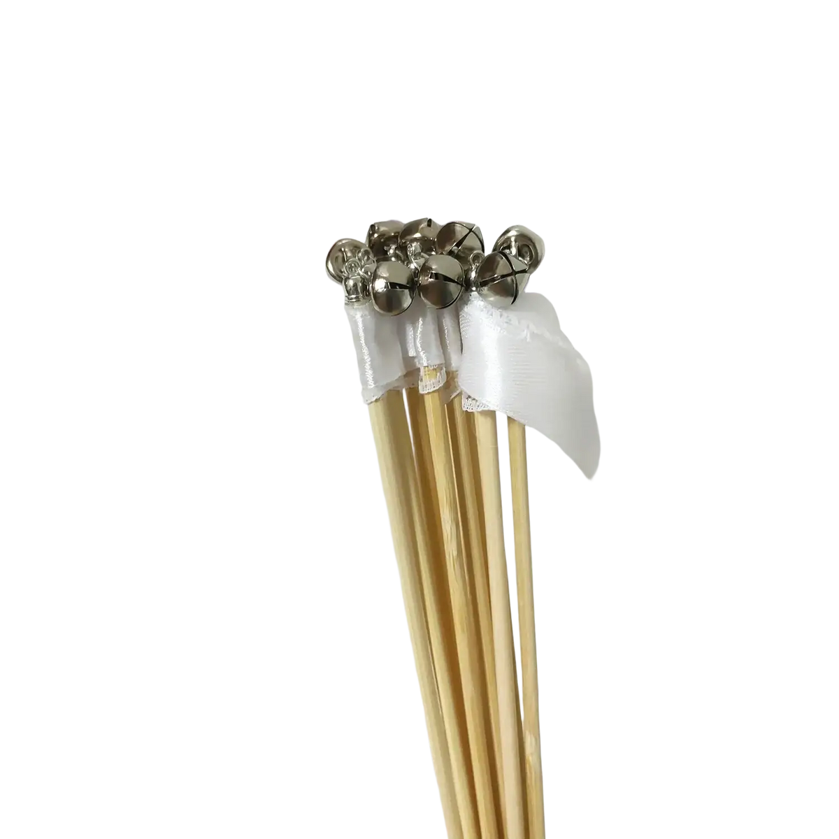 Wedding ribbon wands featuring silver jingle bells attached to wooden sticks with white satin ribbon and lace accents