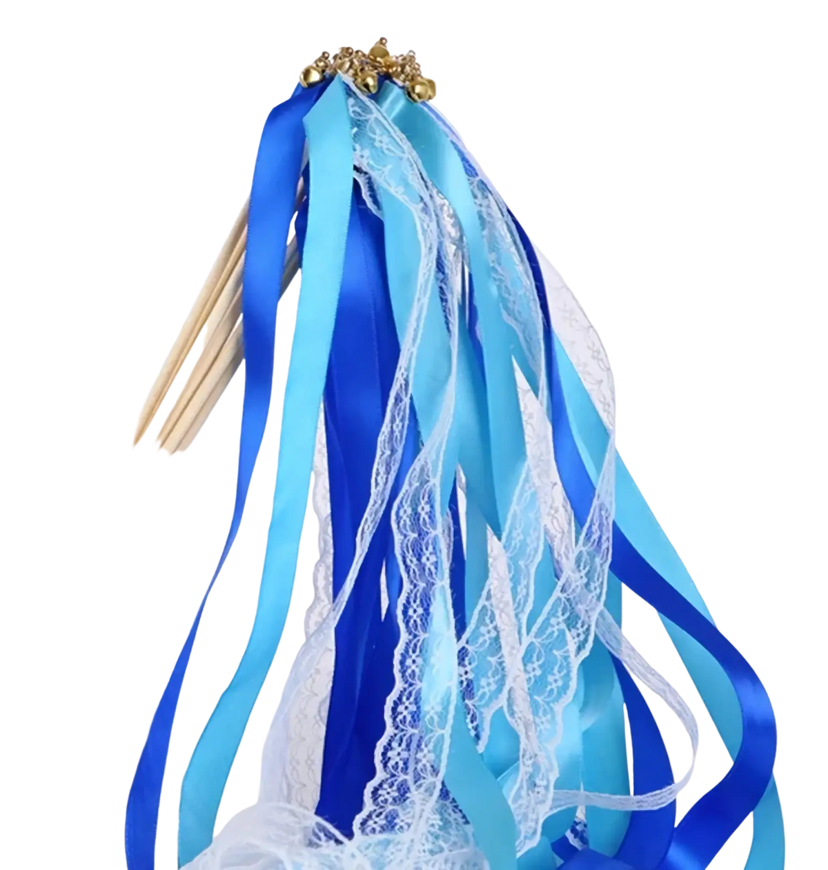 Wedding ribbon wand with blue and white lace ribbons topped with golden bells for decorative celebration use