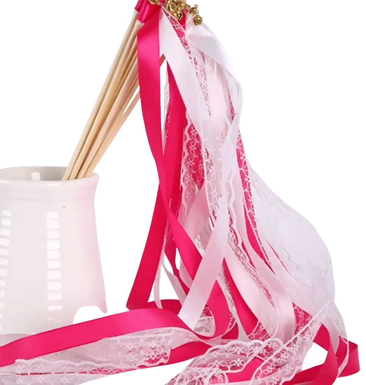 Wedding ribbon wand with vibrant pink and white satin ribbons intertwined with delicate lace and golden embellishment