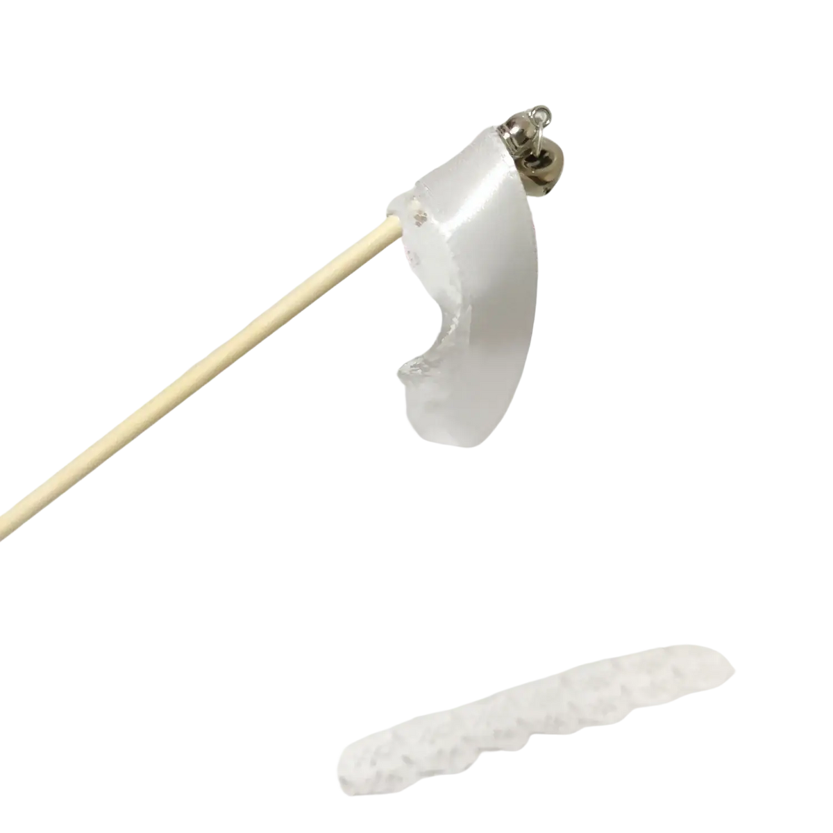 Wedding ribbon wand featuring a delicate white satin ribbon with lace edge looped on a wooden stick with silver bell