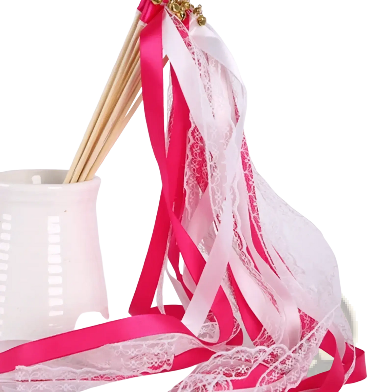 Wedding ribbon wand with vibrant pink and white satin ribbons intertwined with delicate lace and golden embellishment