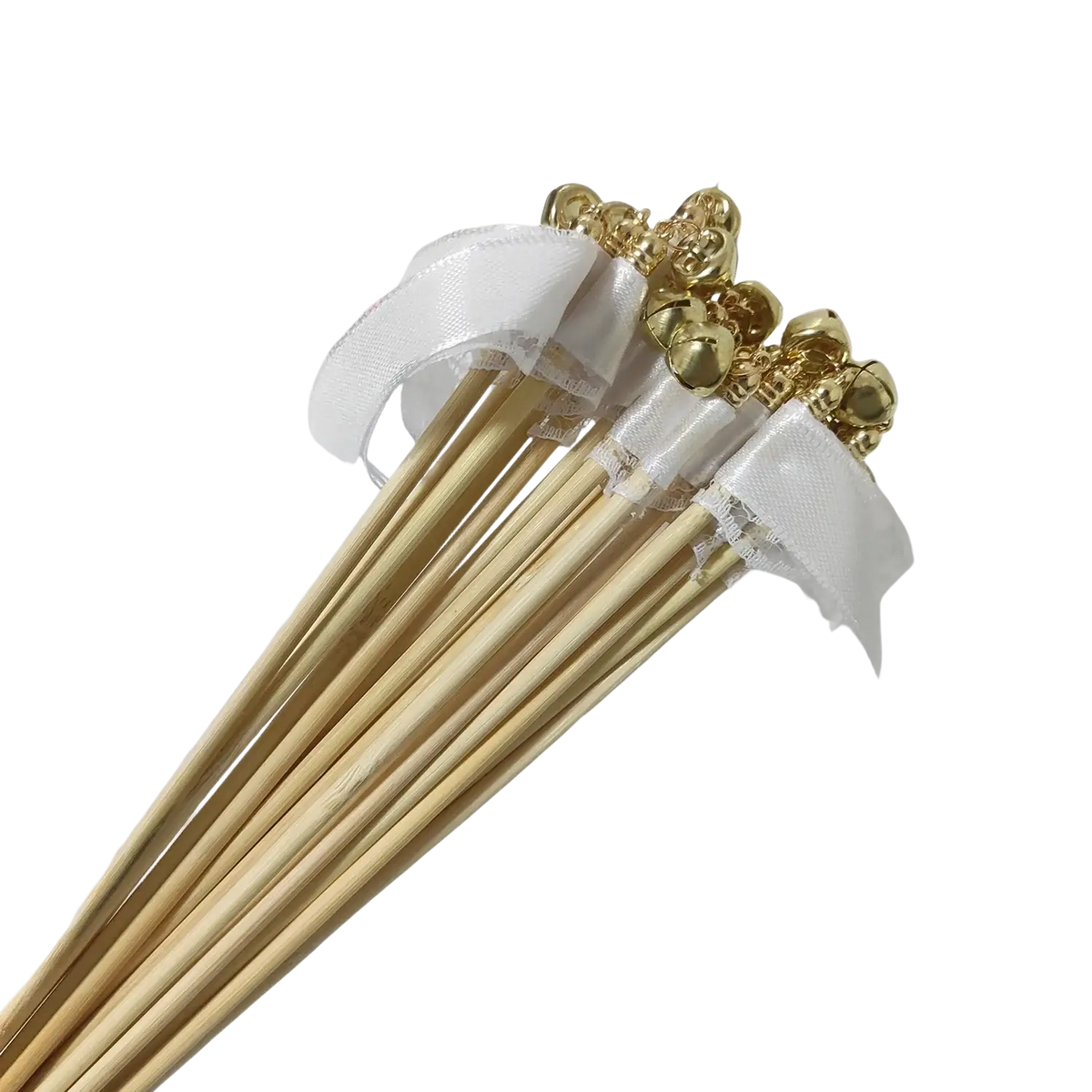 Wedding ribbon wands featuring golden bell-adorned bamboo skewers wrapped in delicate white lace ribbon