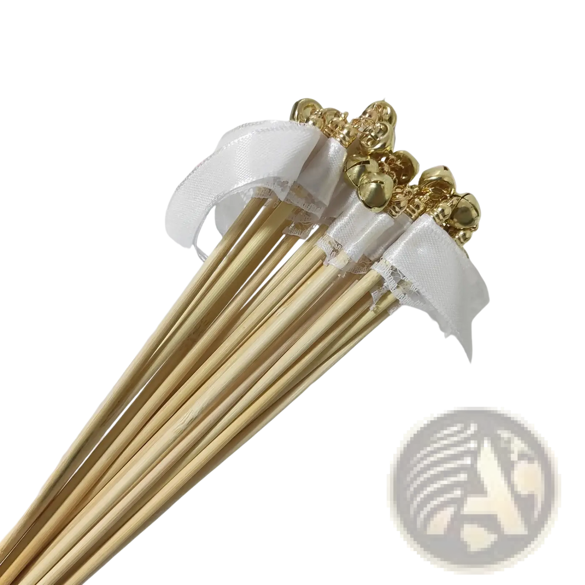 Wedding ribbon wands featuring golden bell-adorned bamboo skewers wrapped in delicate white lace ribbon