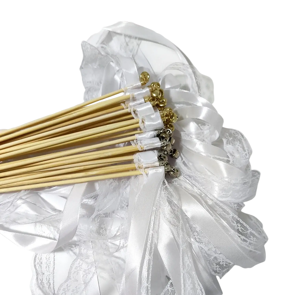 Wedding ribbon wands with delicate white satin and lace tied sticks featuring gold-toned decorative beads at the top