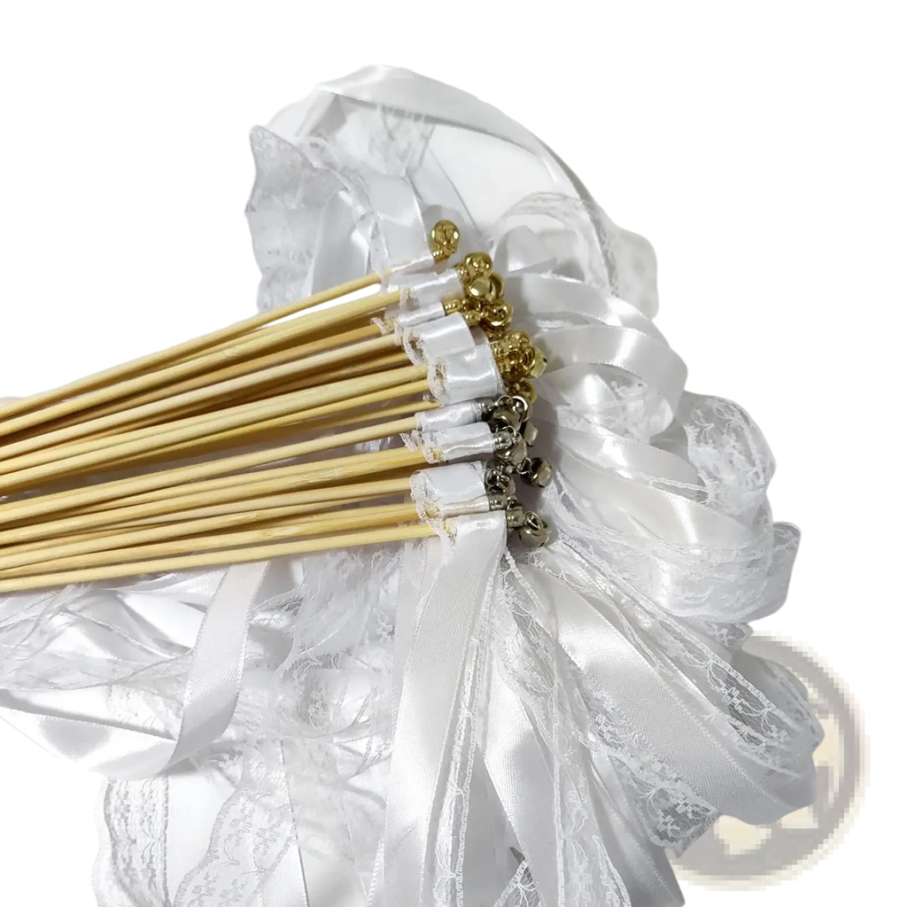 Wedding ribbon wands with delicate white satin and lace tied sticks featuring gold-toned decorative beads at the top