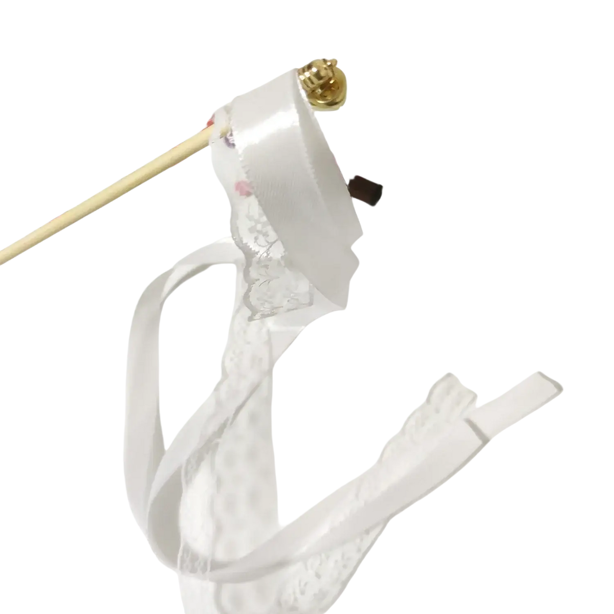 Wedding ribbon wand featuring white lace ribbon flag with gold bell accent for elegant ceremony use