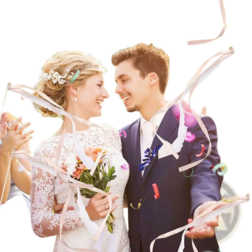 White lace wedding gown with long sleeves holding a floral bouquet alongside wedding ribbon wands with lace and bells