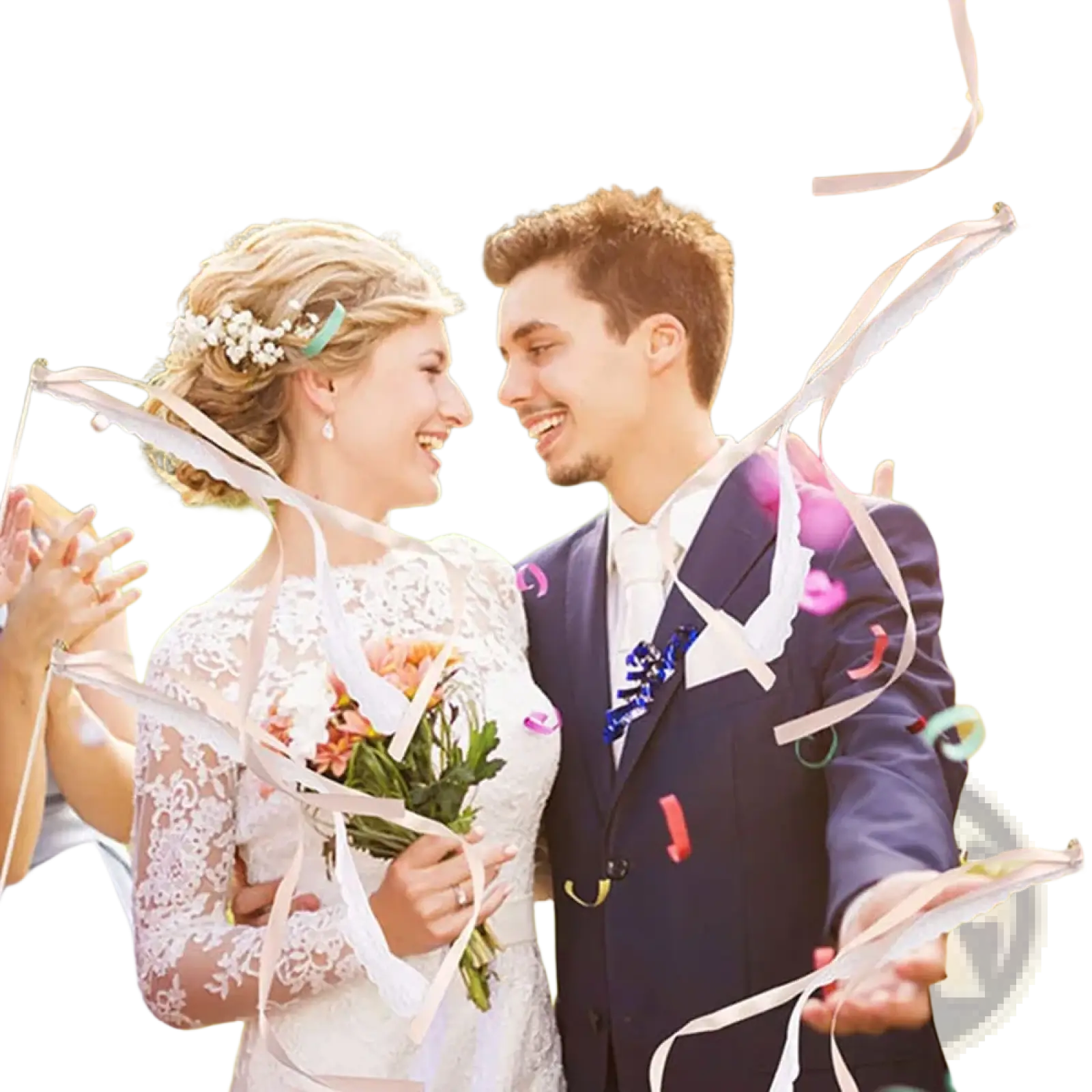 White lace wedding gown with long sleeves holding a floral bouquet alongside wedding ribbon wands with lace and bells