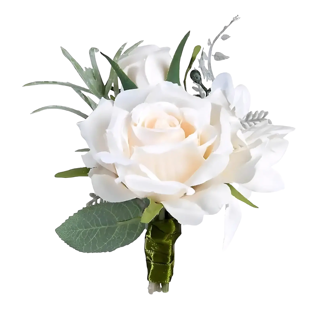Elegant ivory silk rose wedding boutonniere with green foliage silver accents wrapped in velvet stem accessory