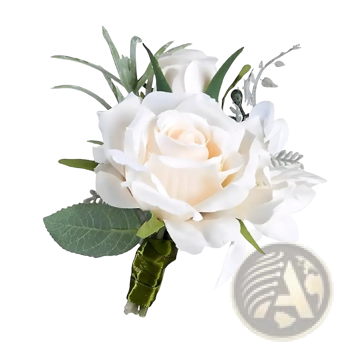 Elegant white silk wedding rose boutonniere with green foliage silver accents wrapped in velvet stem