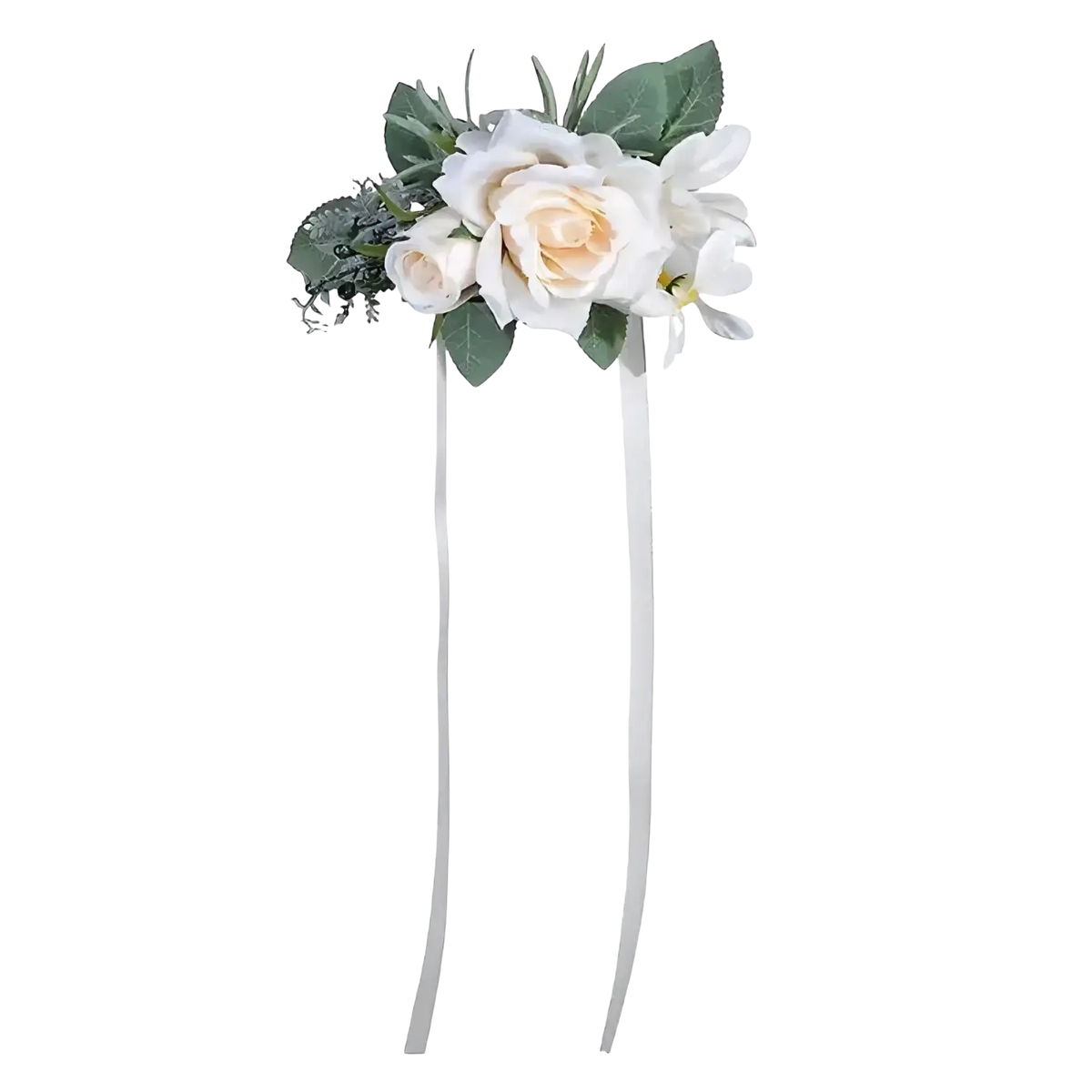 Elegant white and cream silk wedding rose boutonniere with green foliage and two long silver ribbons accessory
