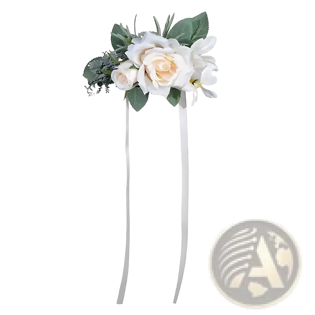Elegant white and cream silk wedding rose boutonniere with green foliage and two long silver ribbons accessory