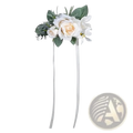 Elegant white and cream silk wedding rose boutonniere with green foliage and two long silver ribbons accessory