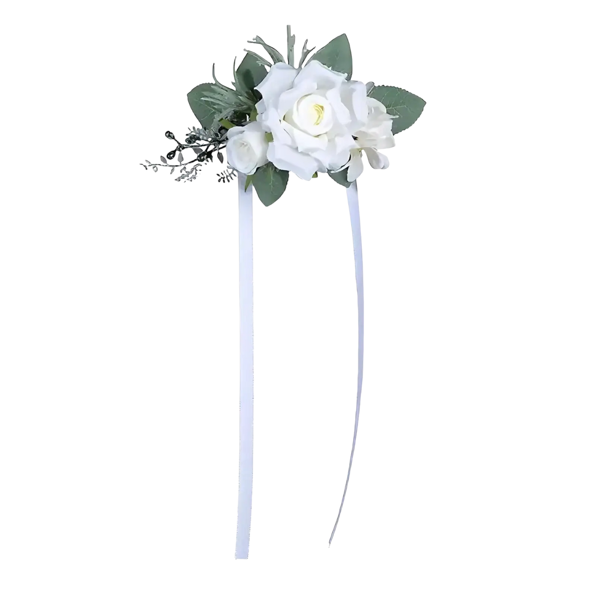 White artificial rose floral corsage with green leaves and silver ribbon tails silk wedding rose boutonniere accessory