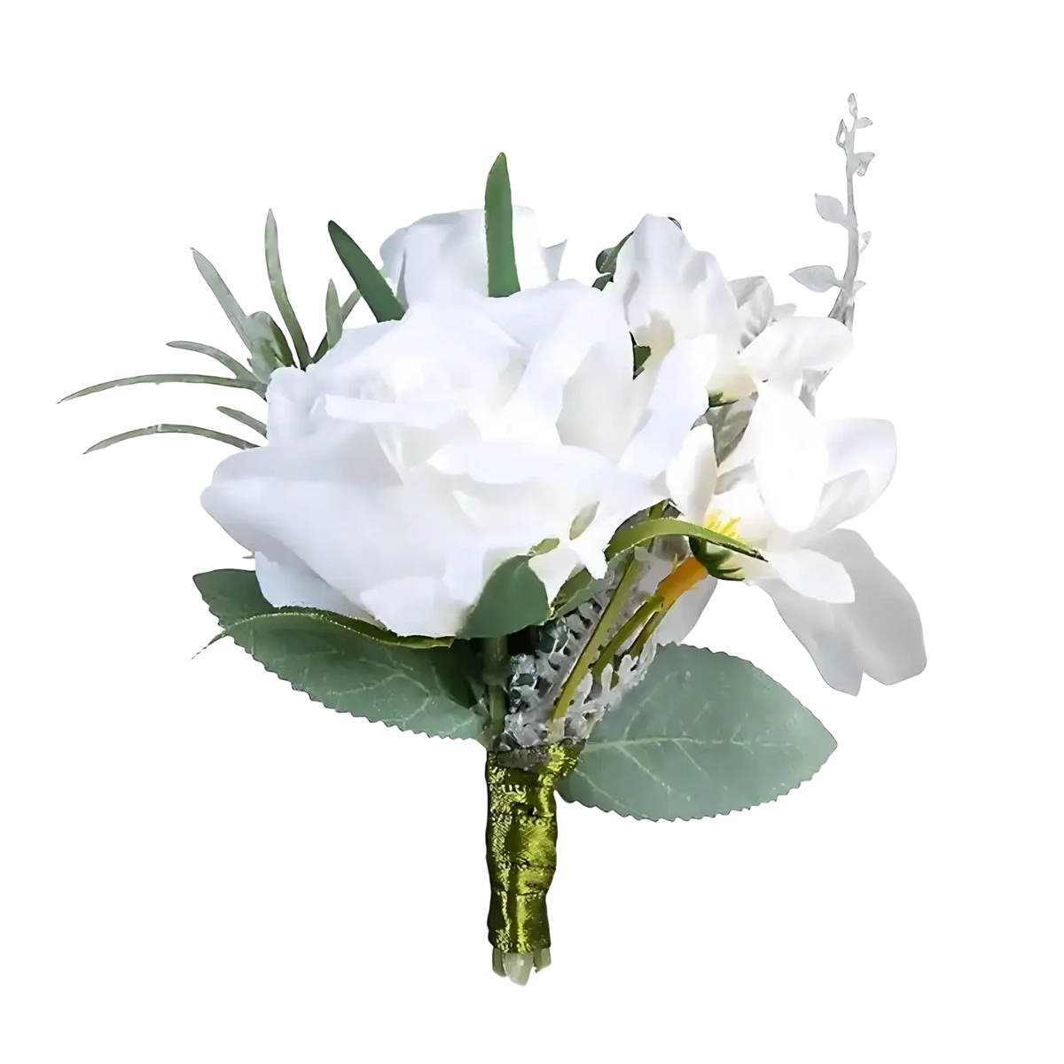 Wedding rose boutonniere white silk flower accessory with green leaves and glittery gold stem wrap for weddings