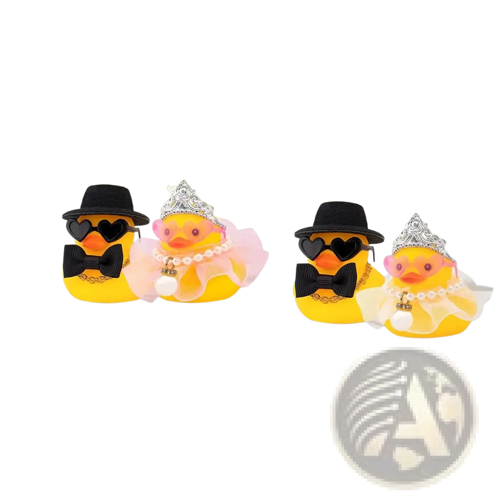 Wedding rubber duck car dashboard couple ornament featuring yellow rubber ducks with black hats heart sunglasses and pearls