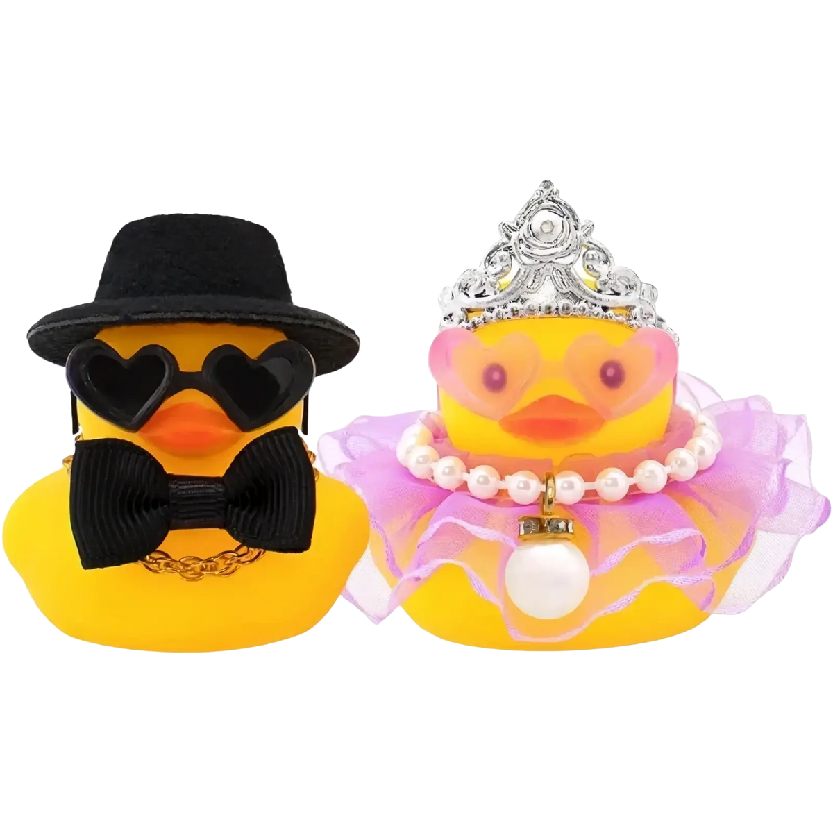 A pair of yellow rubber ducks dressed as a stylish wedding couple in decorative attire for car dashboard ornament