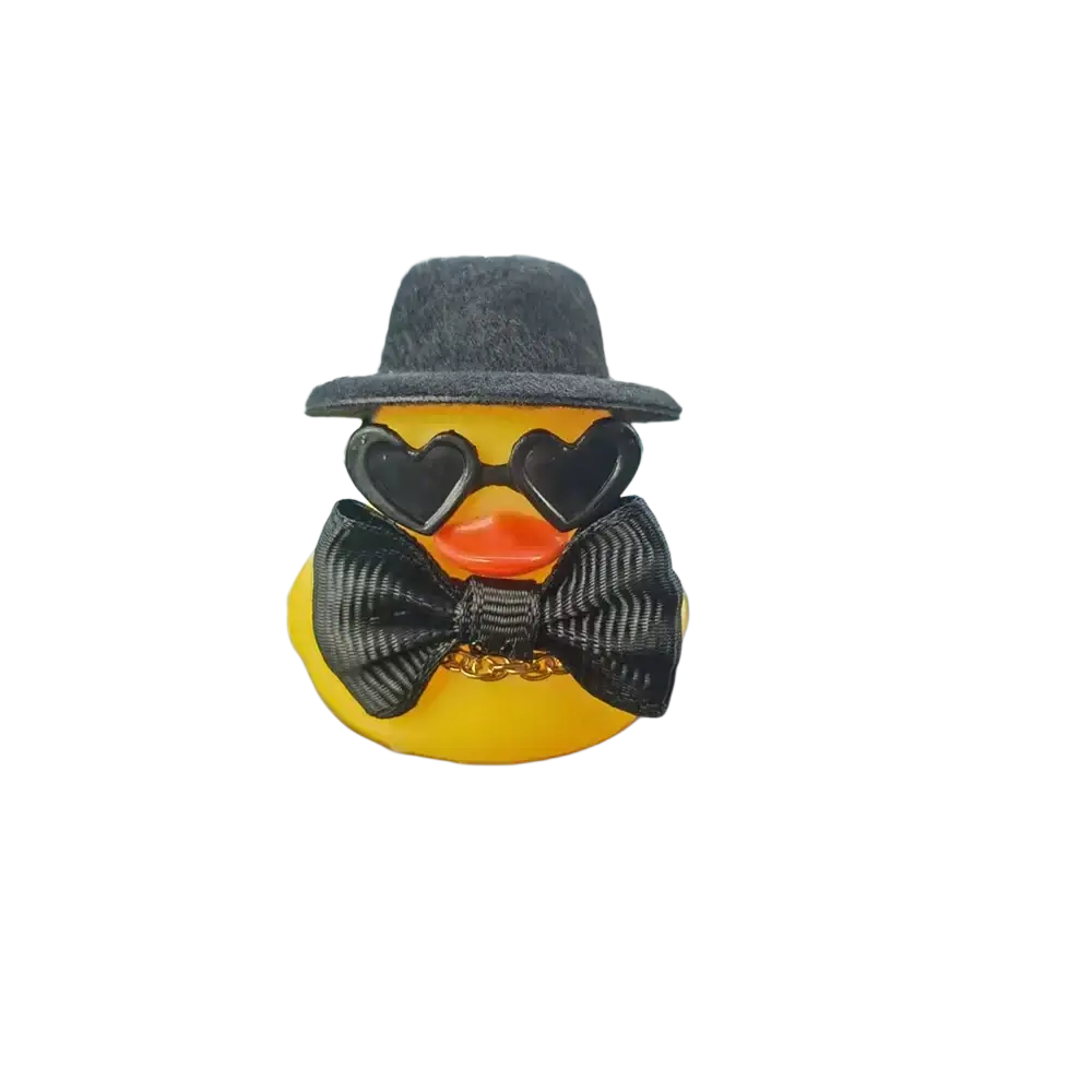 A stylish yellow rubber duck wedding ornament with black fedora heart-shaped sunglasses and textured bow tie