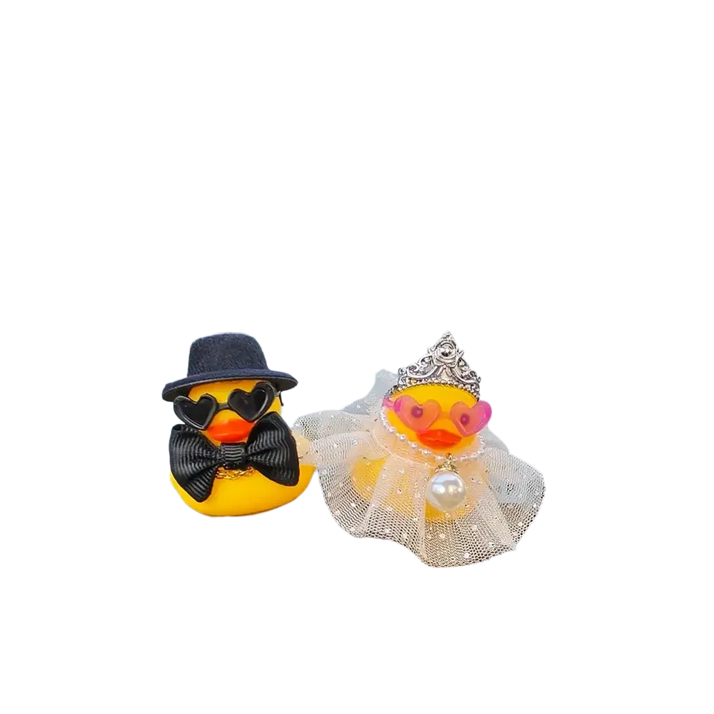 Wedding rubber duck car dashboard couple ornament features two yellow rubber duck figurines dressed as bride and groom