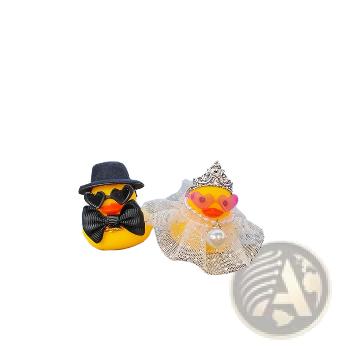 Wedding rubber duck car dashboard couple ornament featuring two yellow rubber ducks dressed as bride and groom