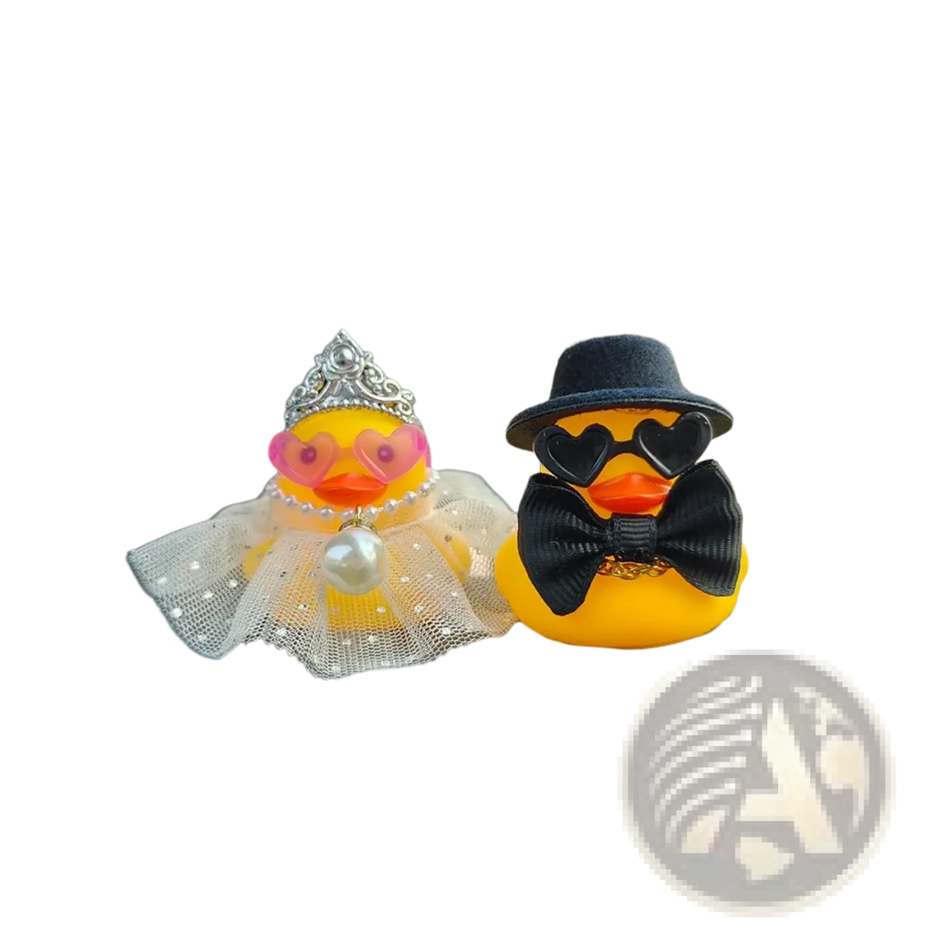 Wedding rubber duck car dashboard couple ornament featuring two yellow rubber ducks dressed as a princess and gentleman