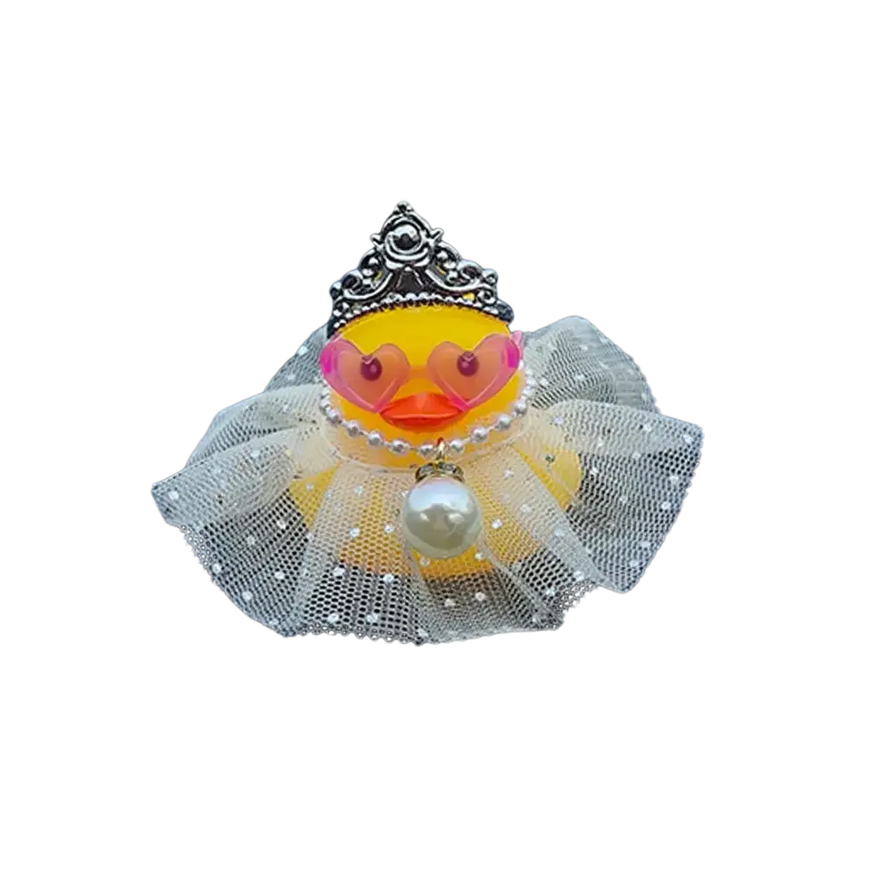 A yellow wedding rubber duck car dashboard ornament with silver tiara pink heart sunglasses and pearl tulle skirt