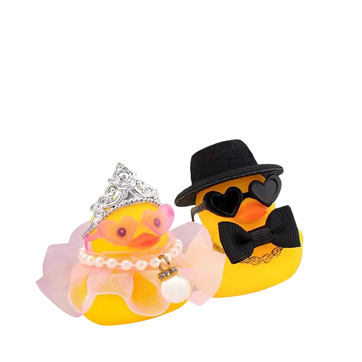 Wedding rubber duck car dashboard couple ornament featuring yellow rubber ducks dressed as bride and groom
