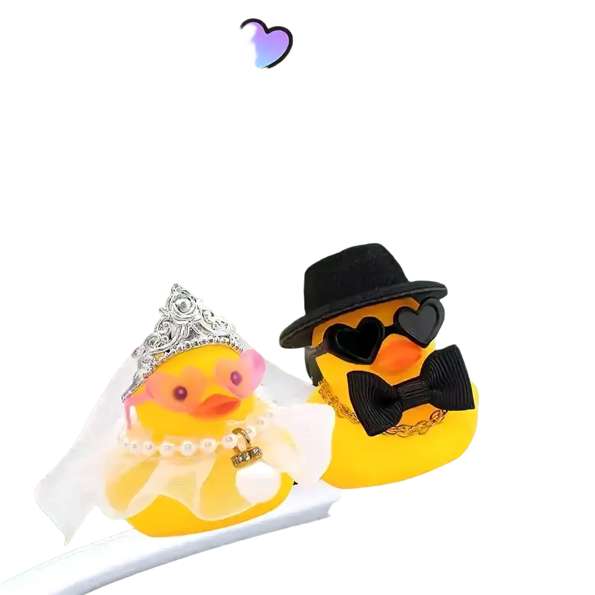 Yellow rubber duck couple wedding car dashboard ornament with bride tiara veil and groom top hat sunglasses bow tie