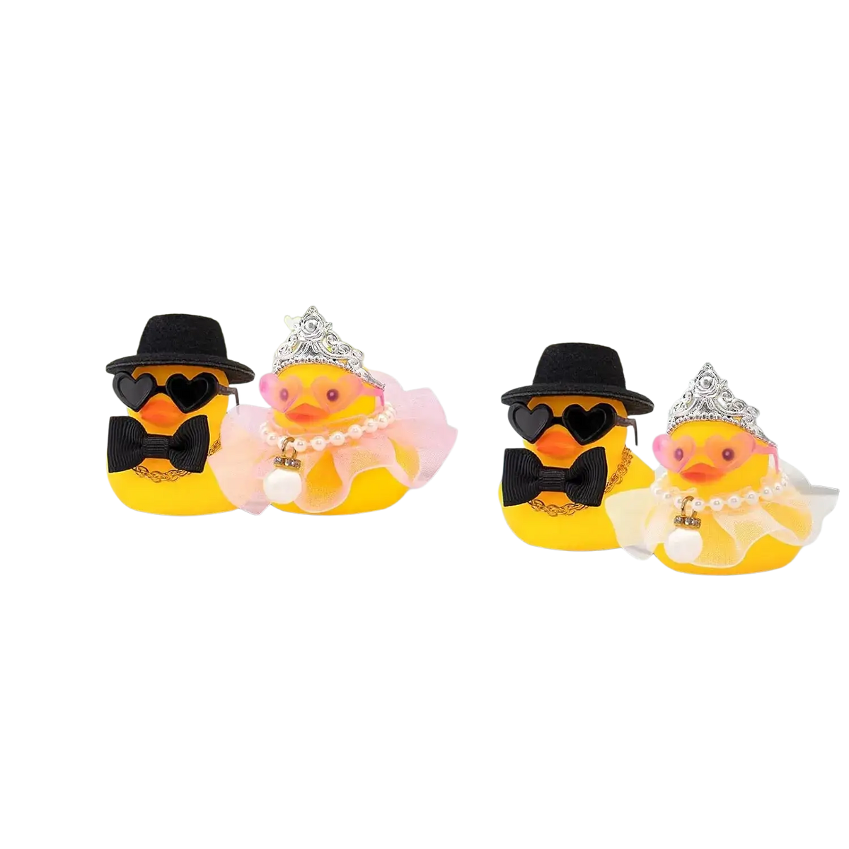 Wedding rubber duck car dashboard couple ornament featuring yellow rubber ducks with black hats heart sunglasses and pearls