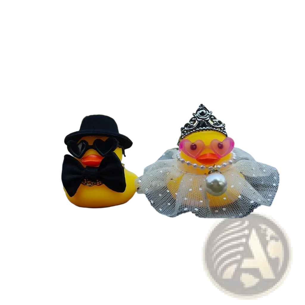 Wedding rubber duck car dashboard couple ornament featuring yellow rubber ducks dressed as gentleman and princess