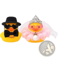 Yellow rubber duck wedding couple ornament set with groom in top hat and sunglasses and bride in tiara and pink gown